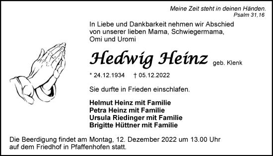 Traueranzeige von Hedwig Heinz von GESAMT