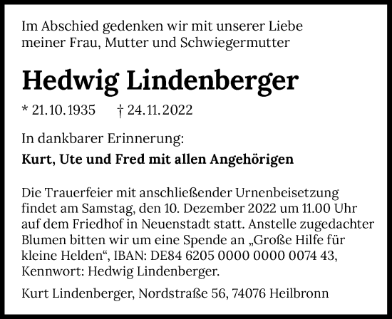 Traueranzeige von Hedwig Lindenberger von Heilbronner Stimme