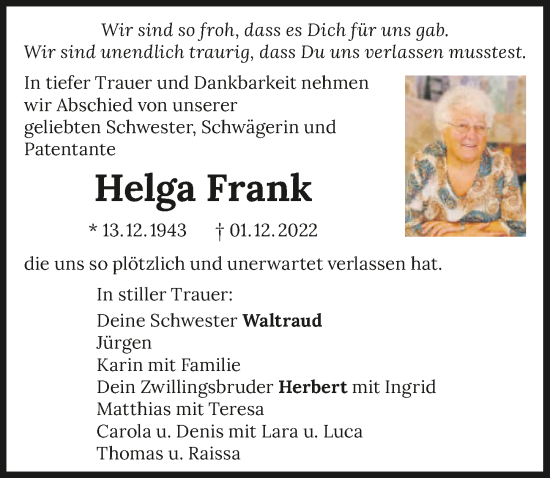 Traueranzeige von Helga Frank von GESAMT