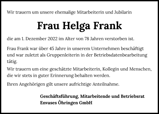 Traueranzeige von Helga Frank von GESAMT