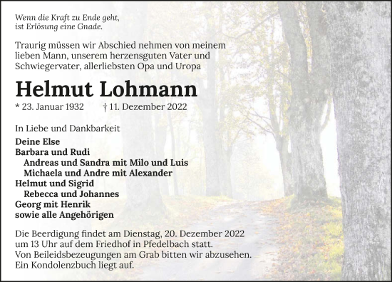 Traueranzeige von Helmut Lohmann von GESAMT