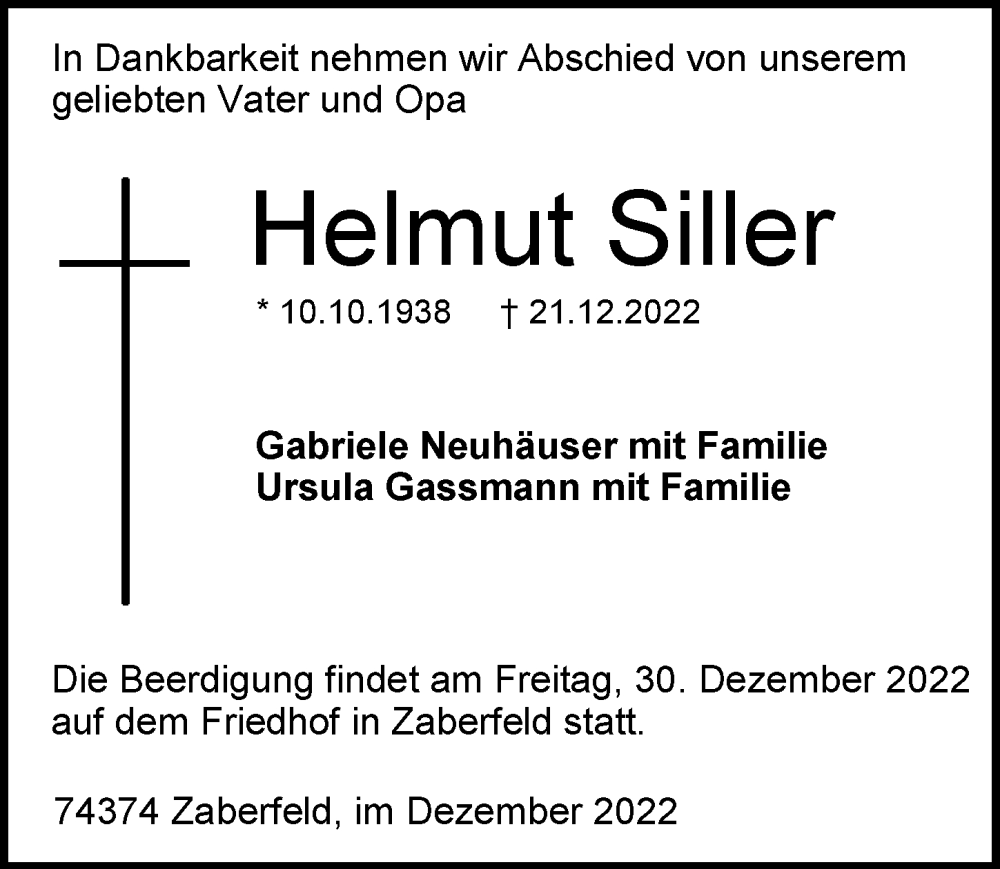  Traueranzeige für Helmut Siller vom 27.12.2022 aus GESAMT