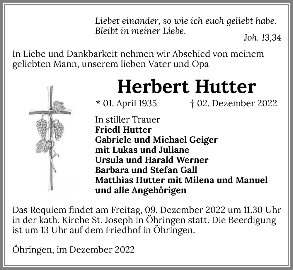  Traueranzeige für Herbert Hutter vom 06.12.2022 aus Heilbronner Stimme