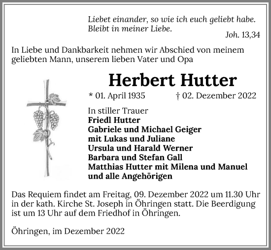 Traueranzeige von Herbert Hutter von Heilbronner Stimme