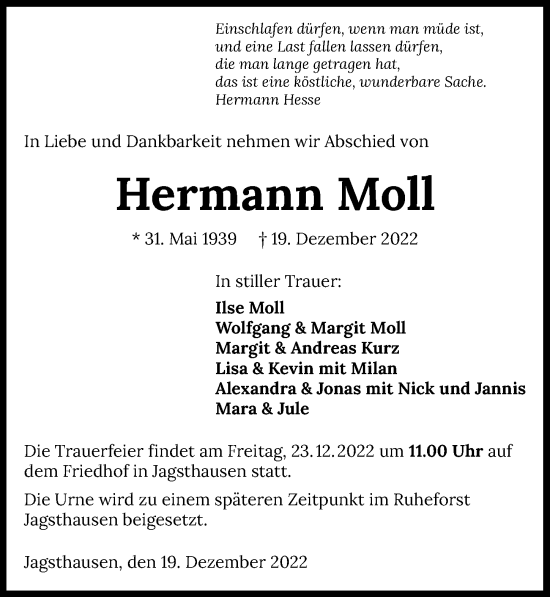Traueranzeige von Hermann Moll von GESAMT