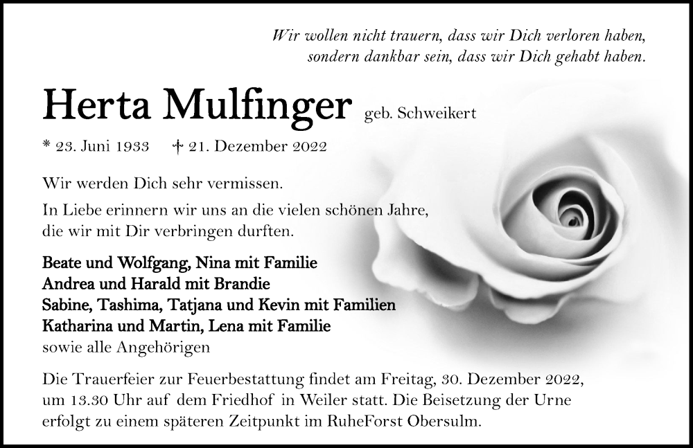  Traueranzeige für Herta Mulfinger vom 27.12.2022 aus GESAMT