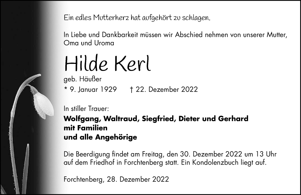  Traueranzeige für Hilde Kerl vom 28.12.2022 aus GESAMT