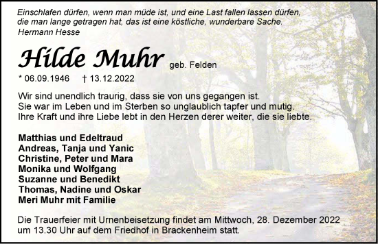 Traueranzeige von Hilde Muhr von GESAMT
