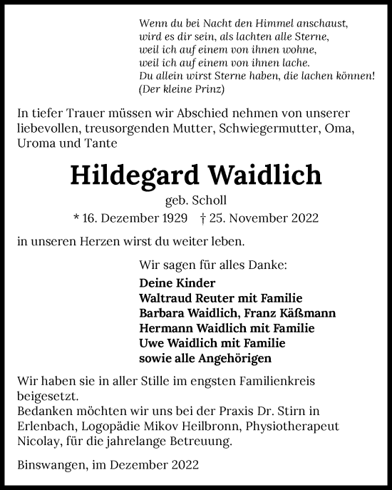 Traueranzeige von Hildegard Waidlich von GESAMT