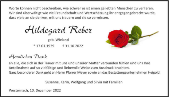 Traueranzeige von Hildegart Reber von GESAMT