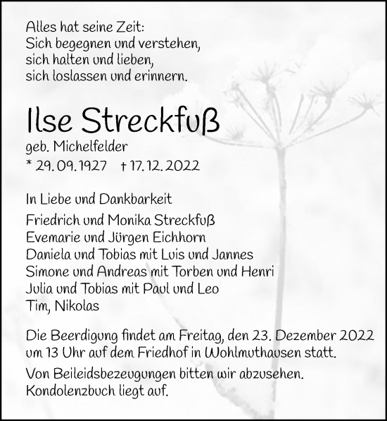 Traueranzeige von Ilse Streckfuß von GESAMT