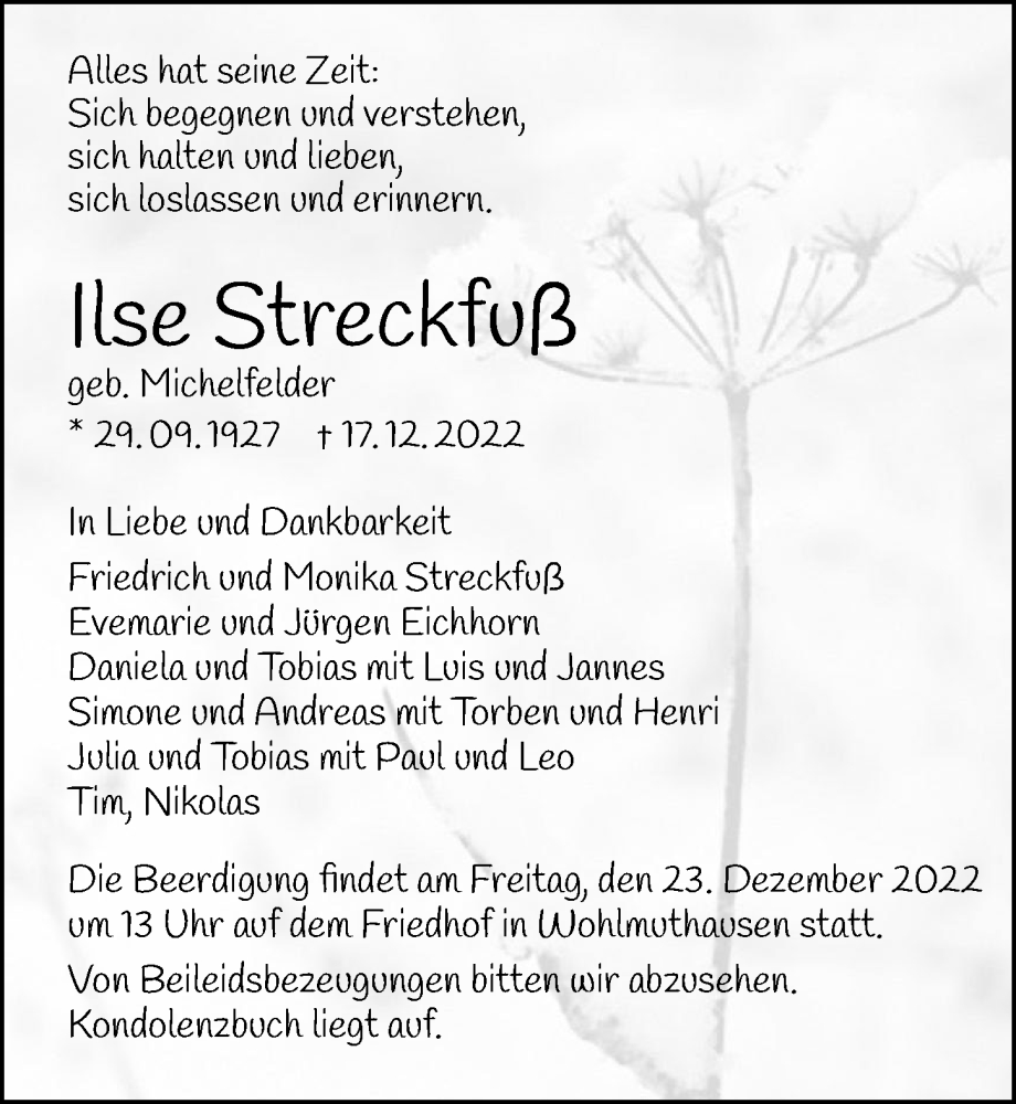  Traueranzeige für Ilse Streckfuß vom 21.12.2022 aus GESAMT