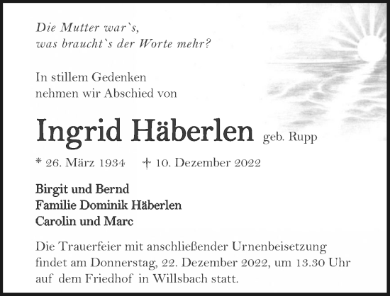Traueranzeige von Ingrid Häberlen von GESAMT