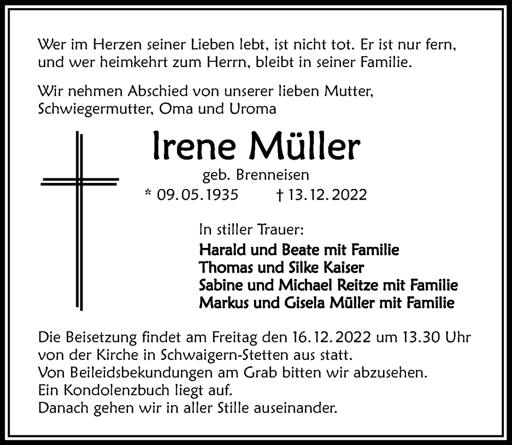  Traueranzeige für Irene Müller vom 15.12.2022 aus GESAMT