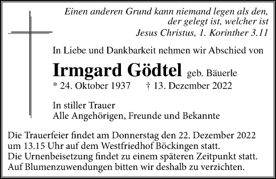 Traueranzeige von Irmgard Gödtel von GESAMT