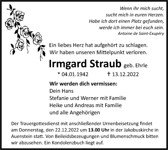 Traueranzeige von Irmgard Straub von GESAMT