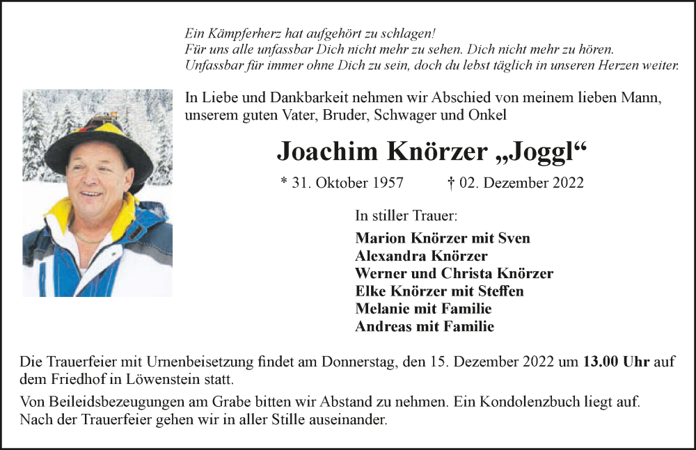  Traueranzeige für Joachim Knörzer vom 10.12.2022 aus GESAMT