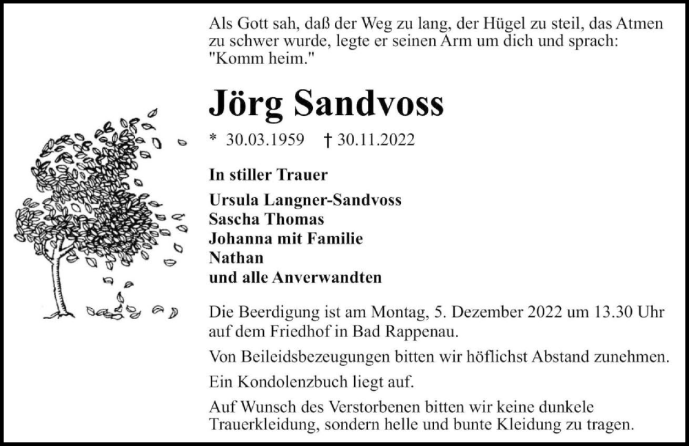  Traueranzeige für Jörg Sandvoss vom 03.12.2022 aus Heilbronner Stimme