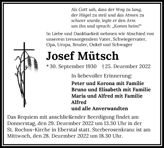 Traueranzeige von Josef Mütsch von GESAMT