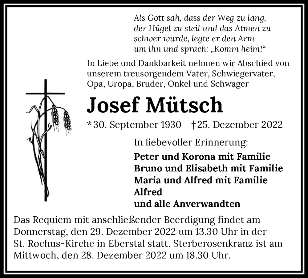  Traueranzeige für Josef Mütsch vom 28.12.2022 aus GESAMT