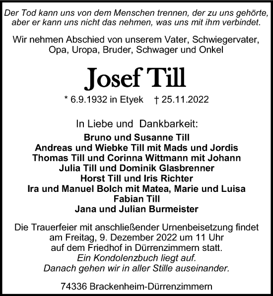 Traueranzeige von Josef Till von Heilbronner Stimme
