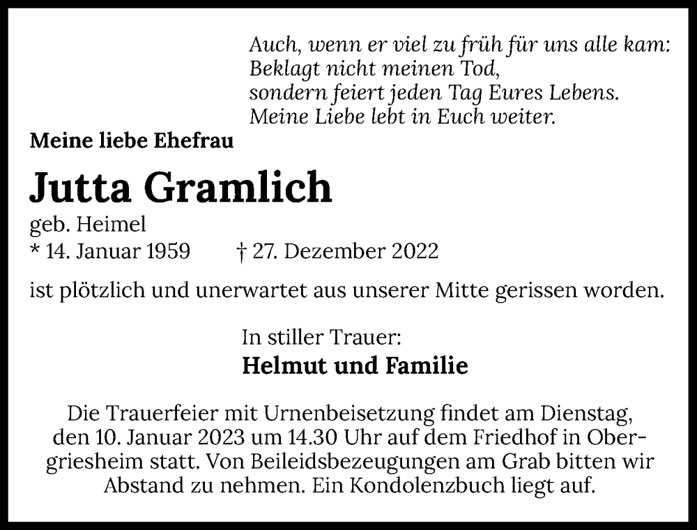  Traueranzeige für Jutta Gramlich vom 30.12.2022 aus GESAMT