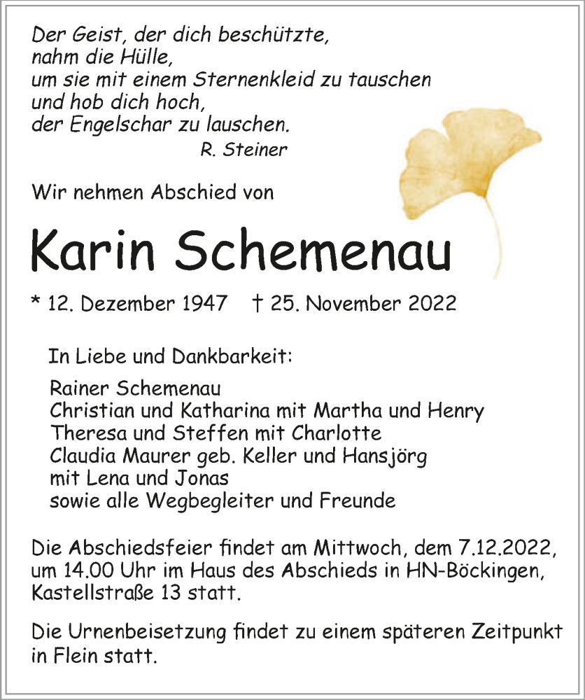  Traueranzeige für Karin Schemenau vom 03.12.2022 aus Heilbronner Stimme