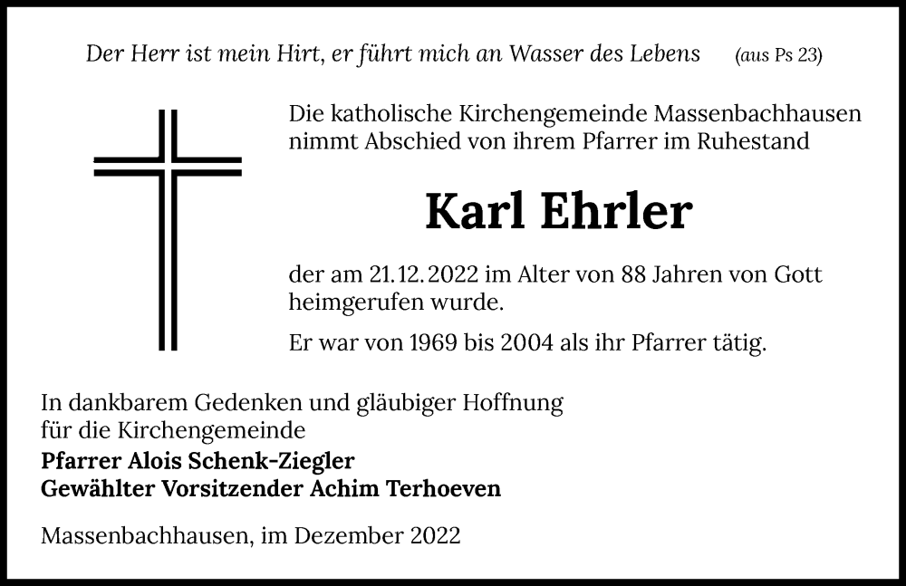  Traueranzeige für Karl Ehrler vom 24.12.2022 aus GESAMT