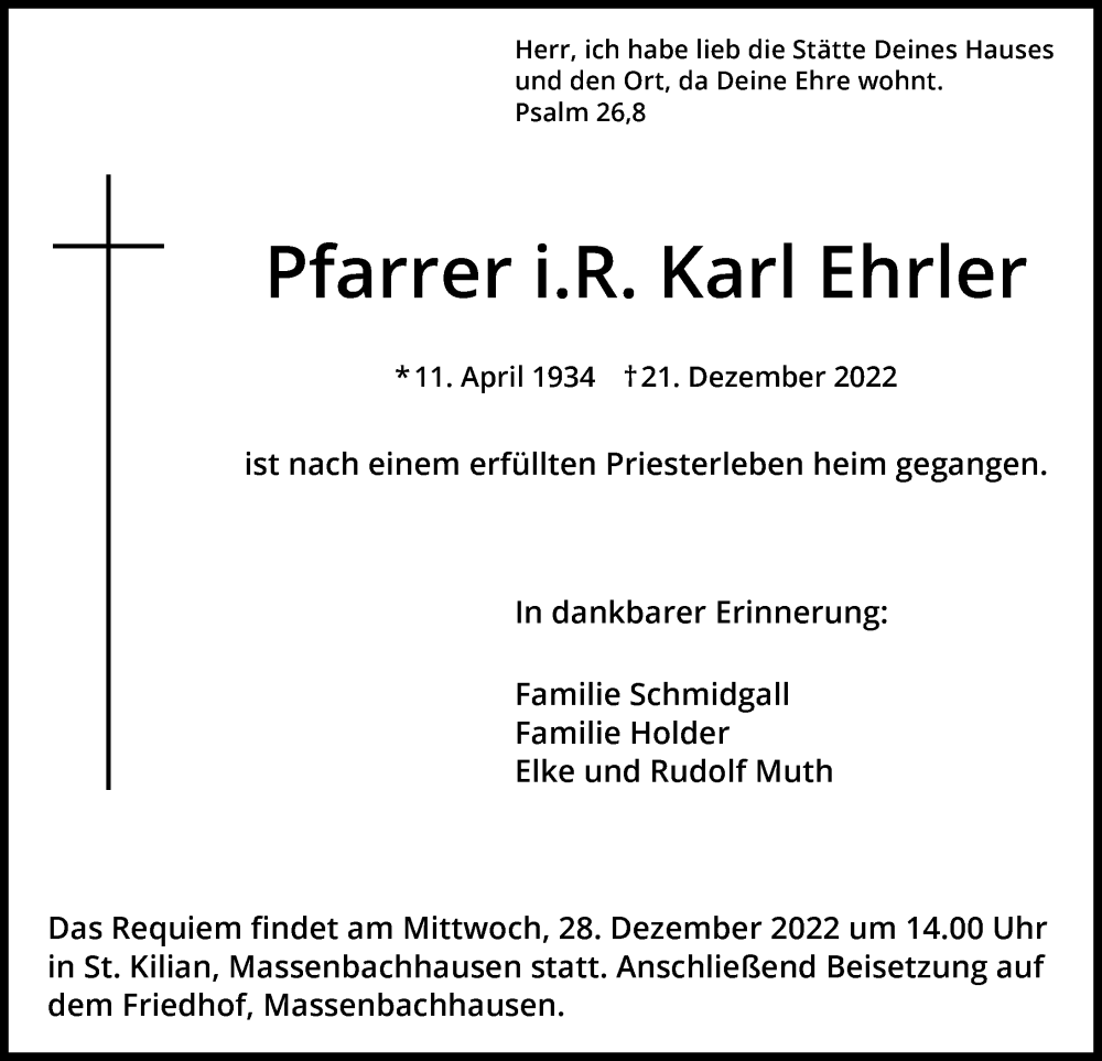  Traueranzeige für Karl Ehrler vom 24.12.2022 aus GESAMT