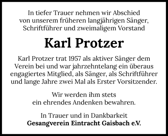 Traueranzeige von Karl Protzer von GESAMT