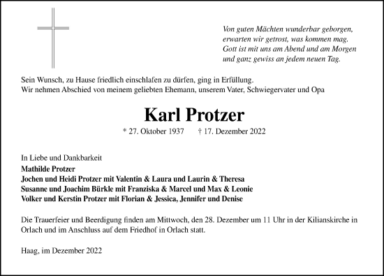 Traueranzeige von Karl Protzer von GESAMT