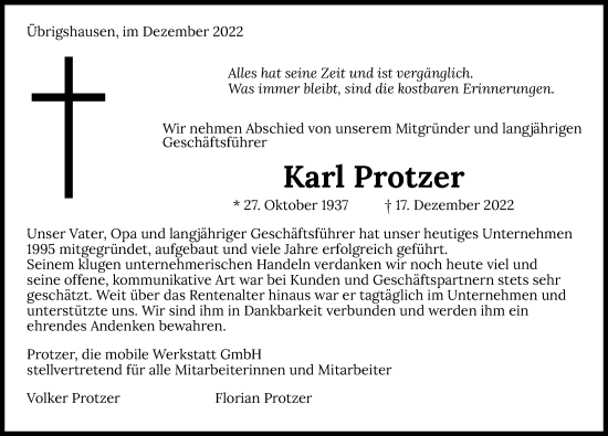 Traueranzeige von Karl Protzer von GESAMT
