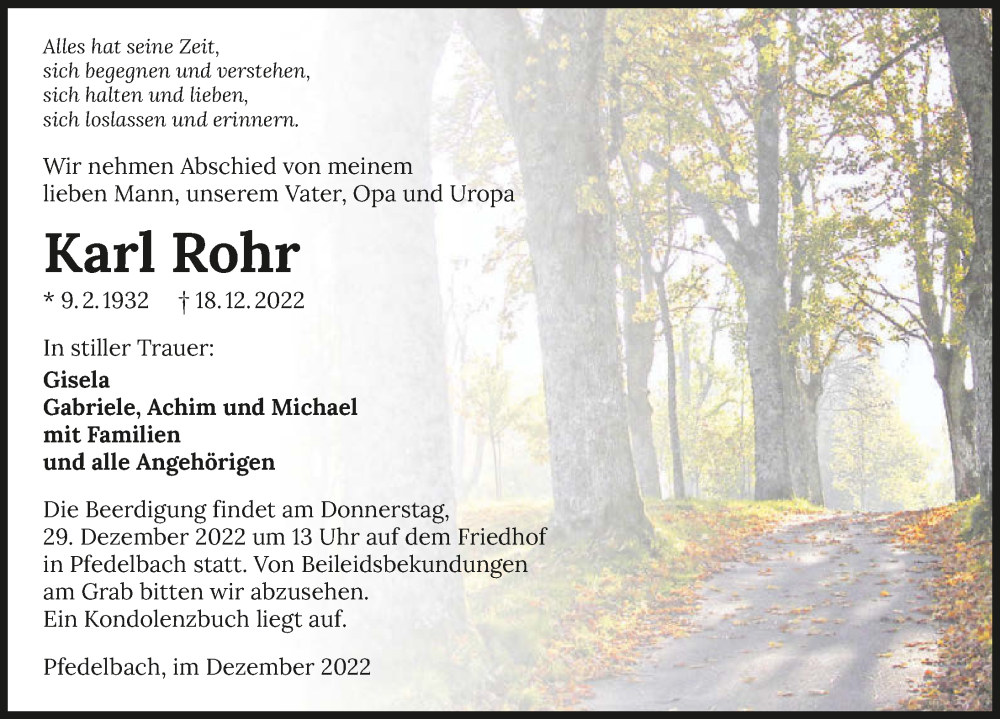 Traueranzeige für Karl Rohr vom 24.12.2022 aus GESAMT