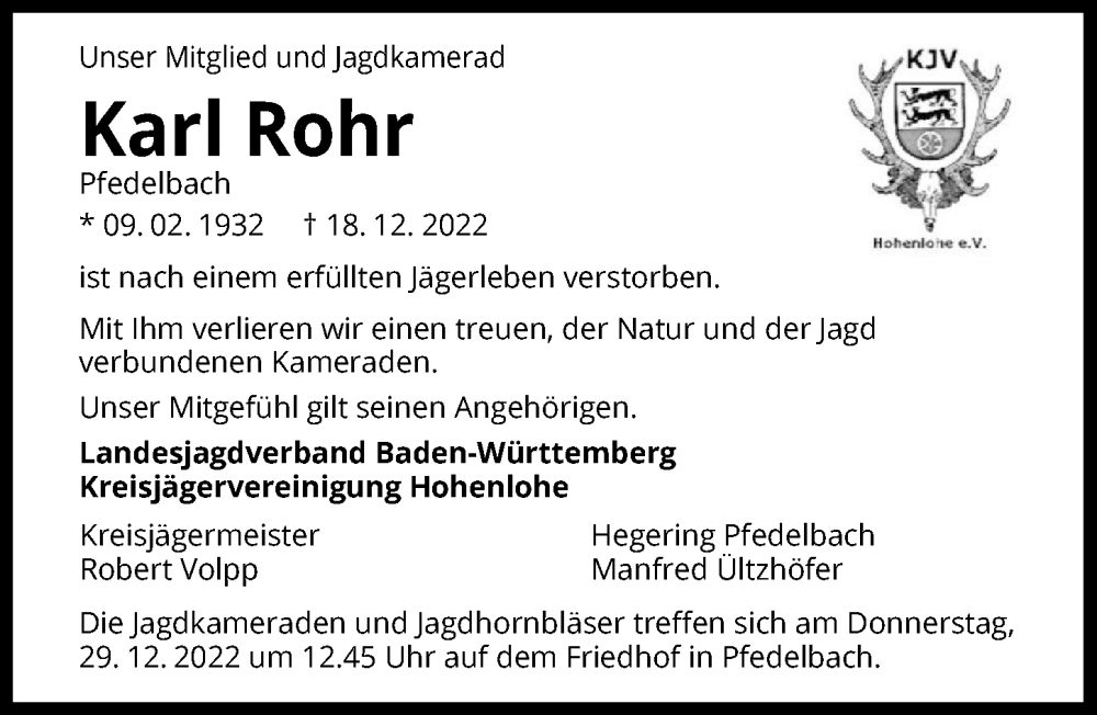  Traueranzeige für Karl Rohr vom 27.12.2022 aus GESAMT