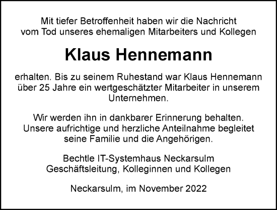 Traueranzeige von Klaus Hennemann von Heilbronner Stimme