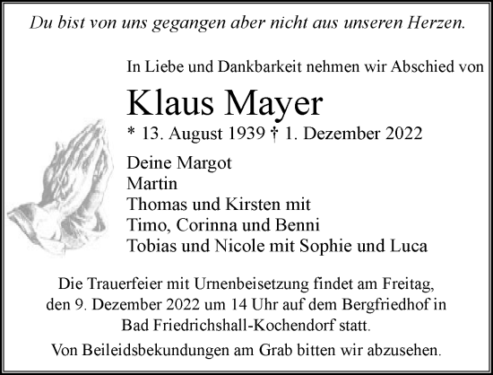 Traueranzeige von Klaus Mayer von Heilbronner Stimme