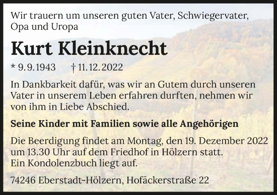 Traueranzeige von Kurt Kleinknecht von GESAMT