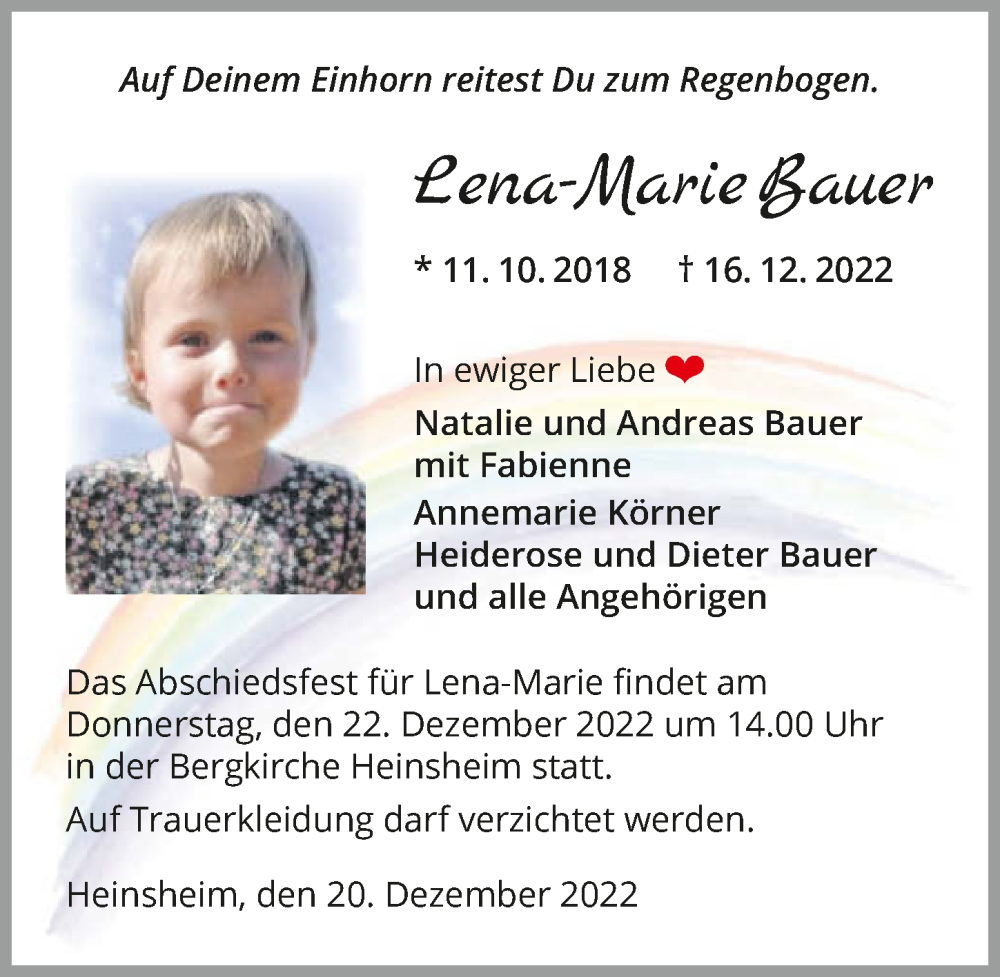  Traueranzeige für Lena-Marie Bauer vom 20.12.2022 aus GESAMT