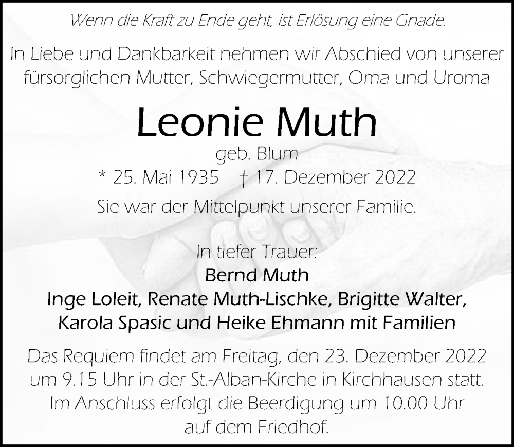  Traueranzeige für Leonie Muth vom 20.12.2022 aus GESAMT