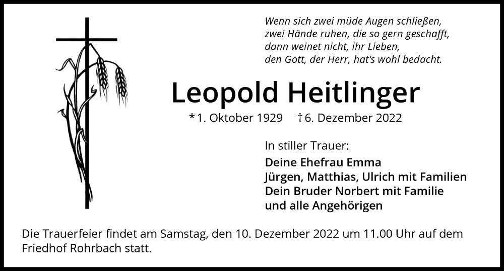  Traueranzeige für Leopold Heitlinger vom 09.12.2022 aus Heilbronner Stimme