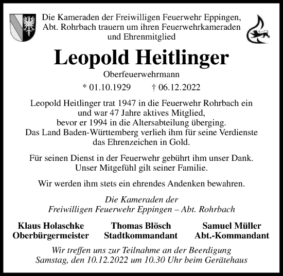 Traueranzeige von Leopold Heitlinger von Heilbronner Stimme