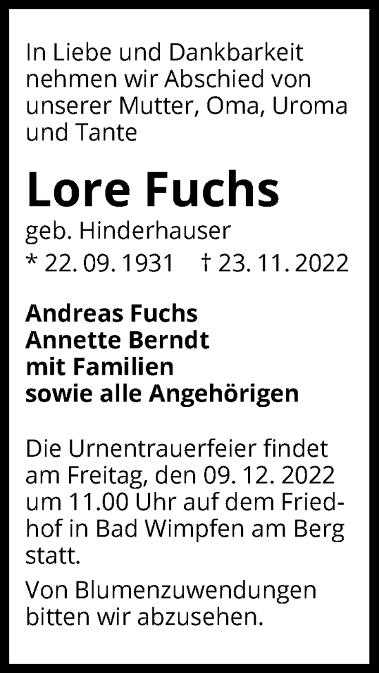 Traueranzeige von Lore Fuchs von Heilbronner Stimme