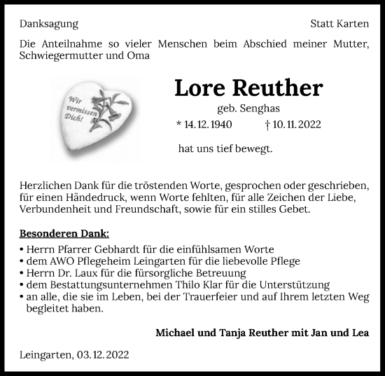 Traueranzeige von Lore Reuther von Heilbronner Stimme