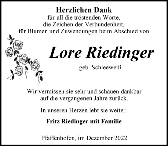 Traueranzeige von Lore Riedinger von Heilbronner Stimme