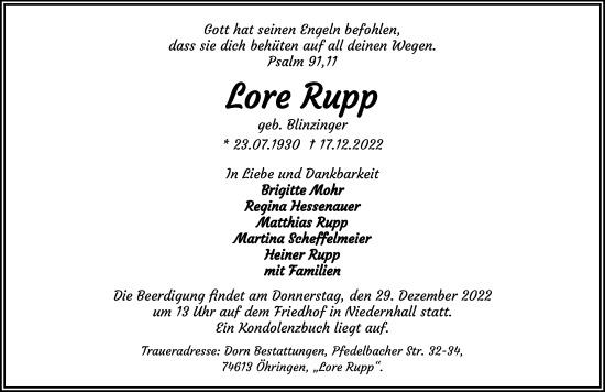 Traueranzeige von Lore Rupp von GESAMT