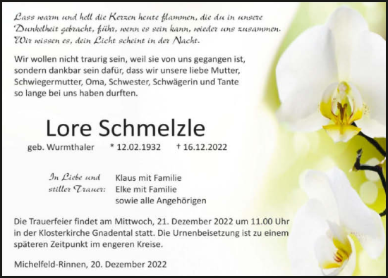 Traueranzeige von Lore Schmelzle von GESAMT