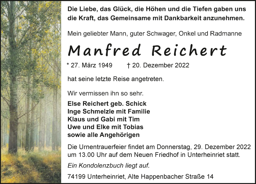  Traueranzeige für Manfred Reichert vom 24.12.2022 aus GESAMT