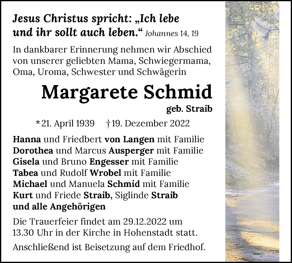  Traueranzeige für Margarete Schmid vom 21.12.2022 aus GESAMT