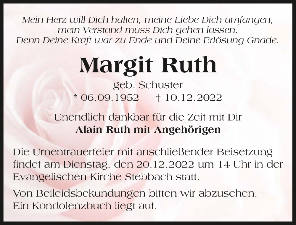  Traueranzeige für Margit Ruth vom 17.12.2022 aus GESAMT