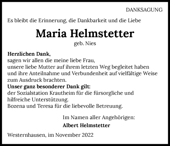 Traueranzeige von Maria Helmstetter von Heilbronner Stimme